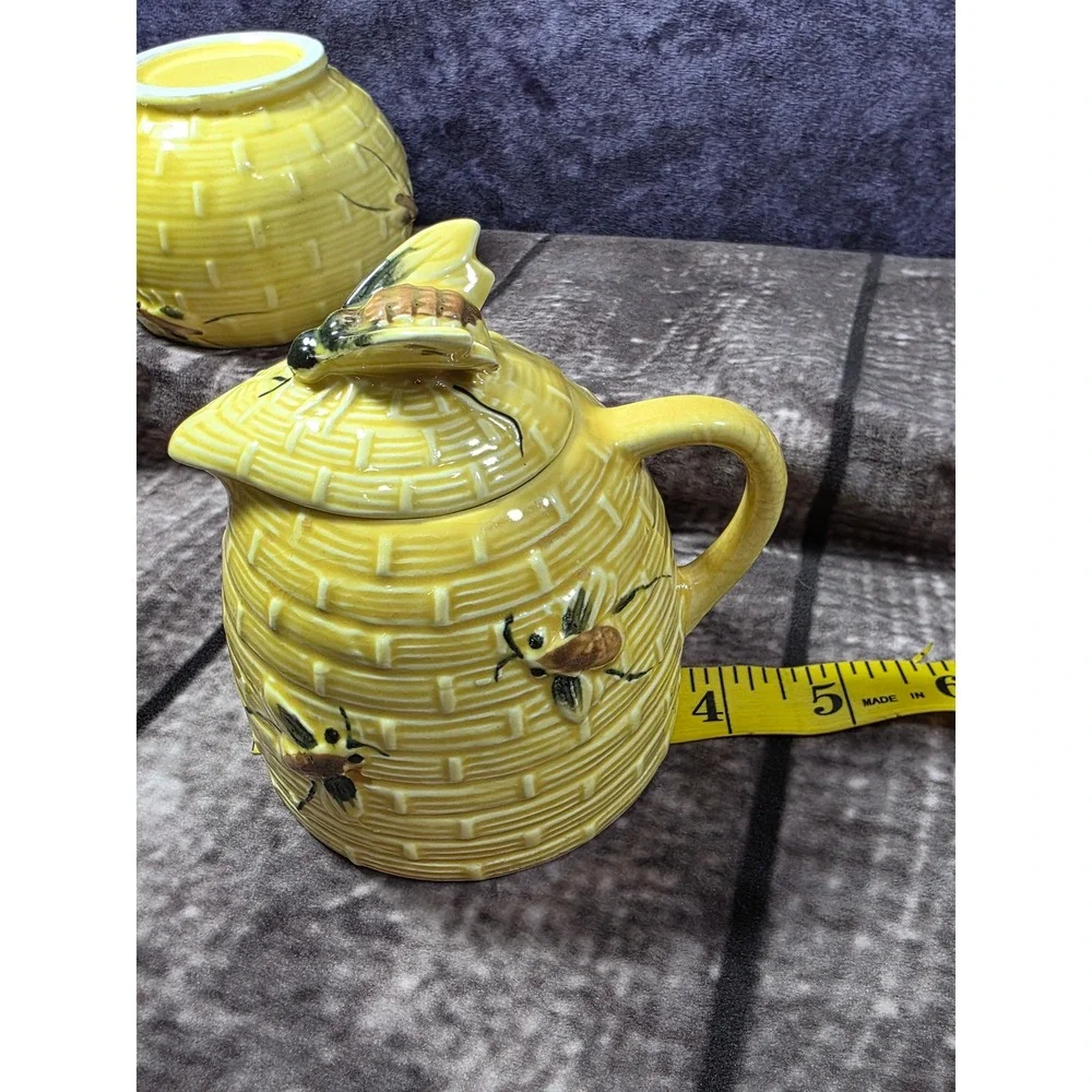 Vintage Yellow Beehive Ceramic Sugar Bowl and Creamer Set with Bees Skep Design‎